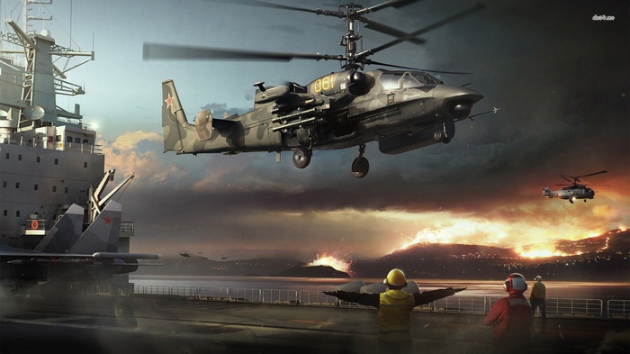 Russian military helicopters and aircraft carrier in combat