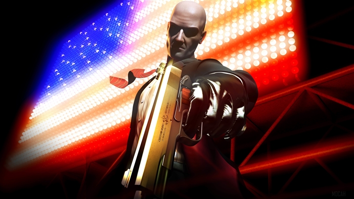 Agent 47 from Hitman holding a golden gun