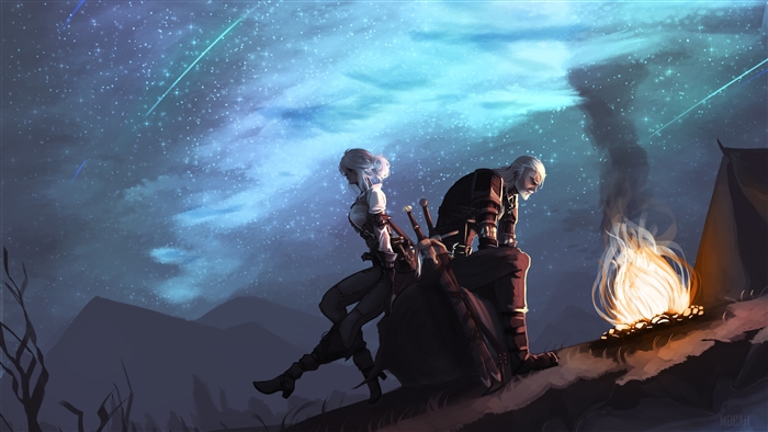 Ciri and Geralt from The Witcher under a starry sky