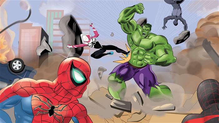 Spider-Man, Spider-Woman, and Hulk in a City Battle 4K