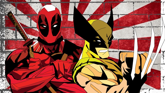 Deadpool and Wolverine in front of Japanese flag