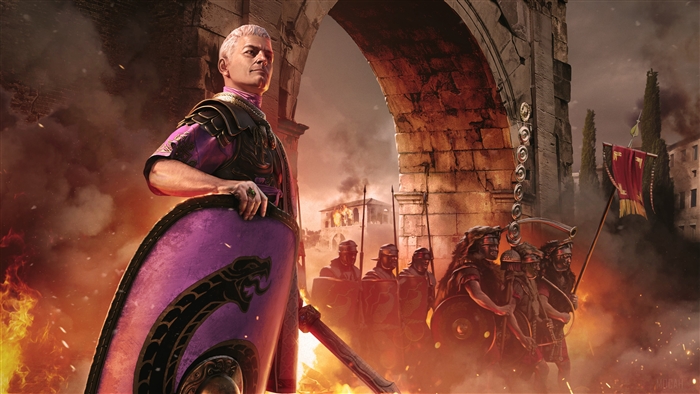 Roman General and Soldiers in Burning City