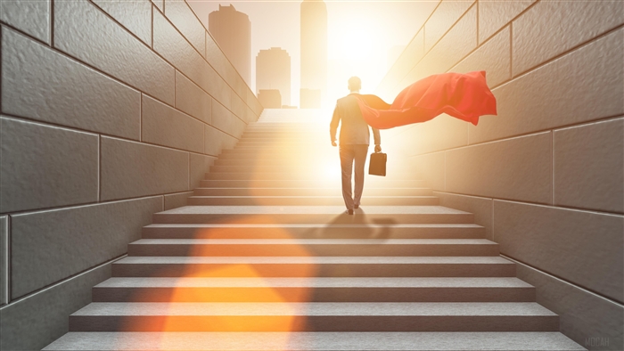 Office Superman Walking Upstairs with Red Cape 4K