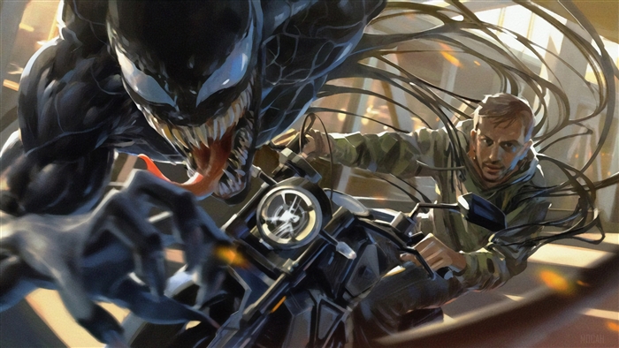 Venom and Eddie Brock on a Motorcycle 4K