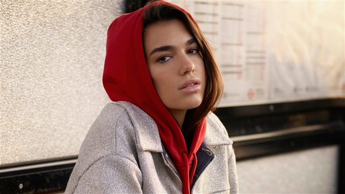 Dua Lipa in Red Hoodie and Silver Jacket 4K