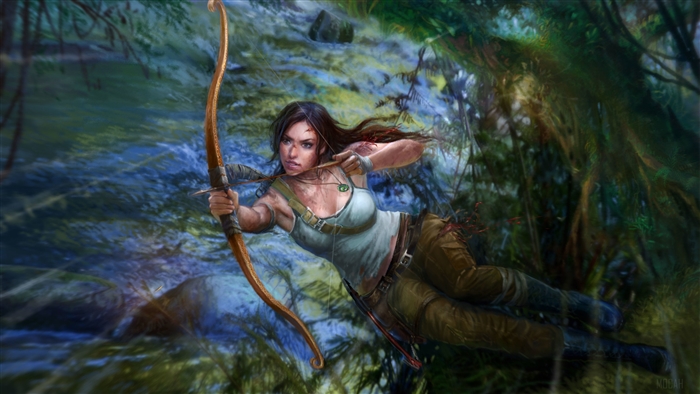 Lara Croft from Tomb Raider aiming a bow and arrow