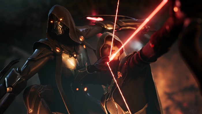 Two figures in hoods, one with a bow and arrow, 4K