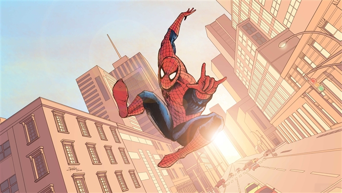 Spider-Man swinging through a city