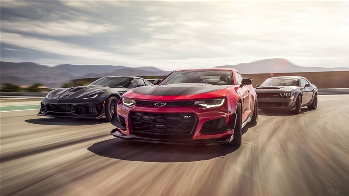 Chevrolet Camaro, Dodge Challenger, Corvette Z06 on a Racetrack 4K