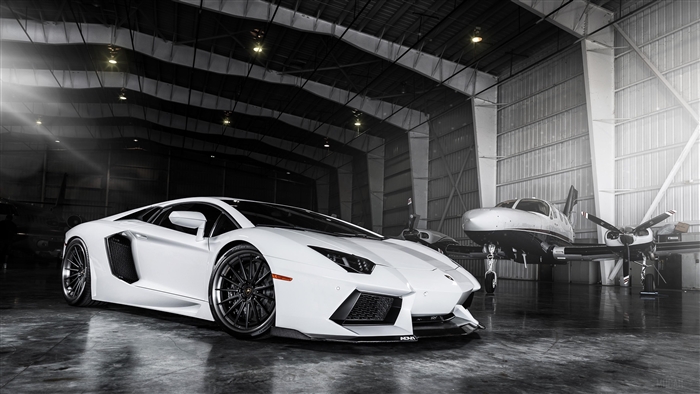 White Lamborghini Aventador in Plane Hangar 4K
