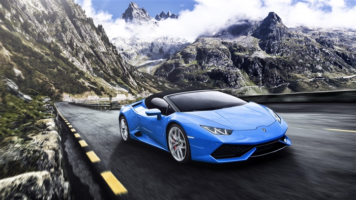 Blue Lamborghini Huracan convertible on mountain road 4K
