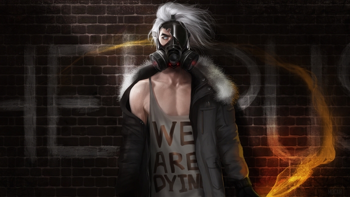 Man with gas mask and white hair, 4K
