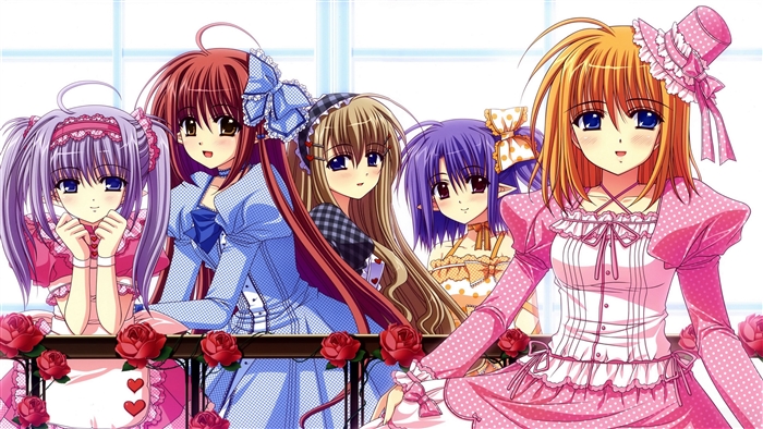 Five anime girls with roses 4K