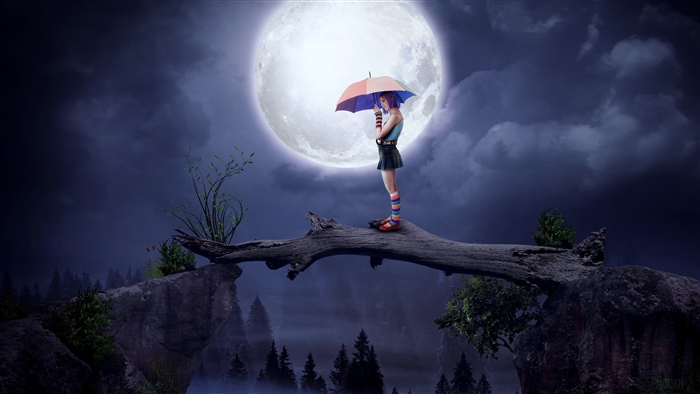 Girl with umbrella under big moon