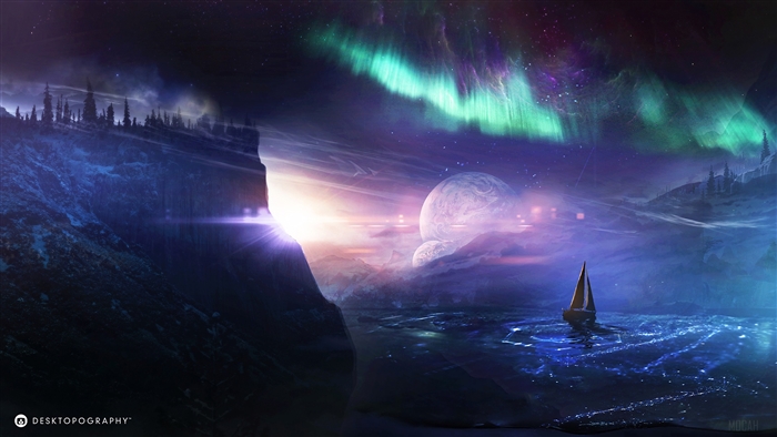 Sailboat under Northern Lights with Planets 4K