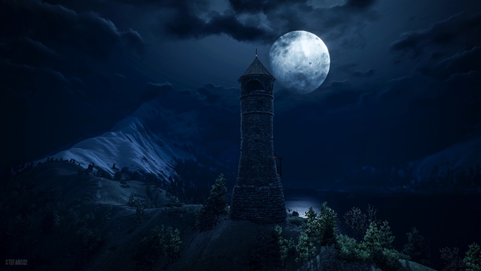 Stone tower under a full moon with mountains