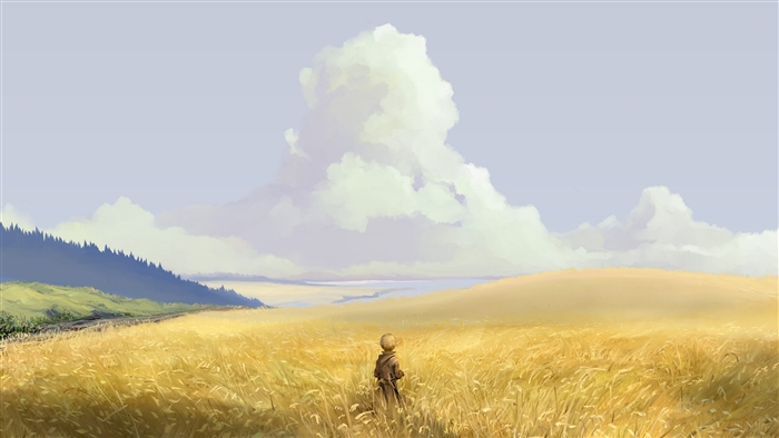 Person in a wheat field with clouds and trees