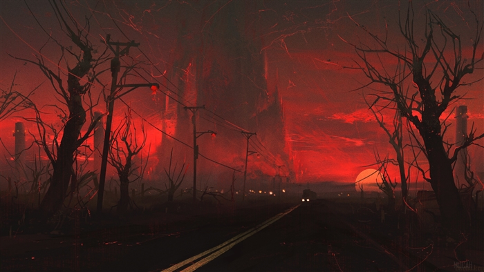 Gloomy Night Train on Railway with Red Sky