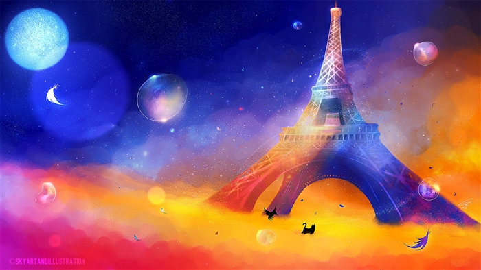Colorful 4K Eiffel Tower with Cat and Bird