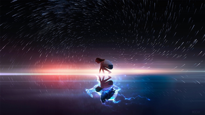 Mystical Girl Reflection with Glowing Wings 4K