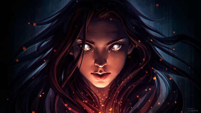 Girl portrait with glowing eyes and dark hair 4K