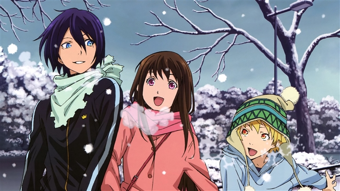 Yato, Yukine, and Hiyori from Noragami in winter