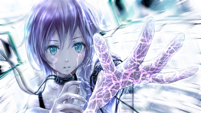 Anime girl with purple hair and glowing hand 4K
