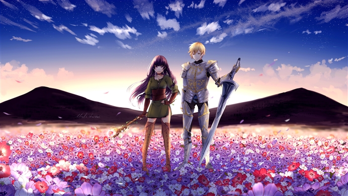 Anime Couple in Flower Field 4K
