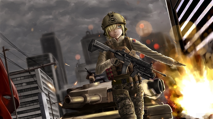 Anime girl soldier with rifle and tank on battlefield 4K