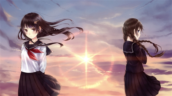 Two schoolgirls in front of a sunset
