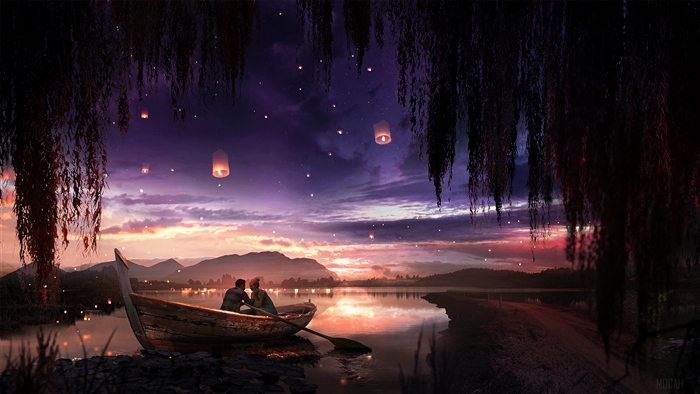 Couple in boat with lanterns at night 4K