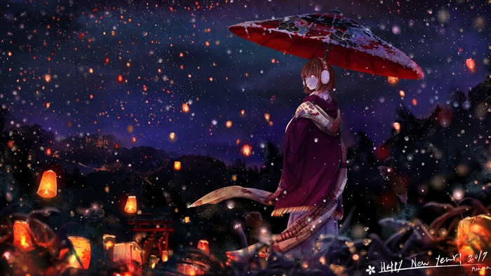 Anime Girl with Umbrella and Lanterns 4K