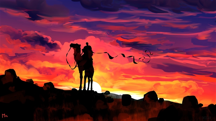 Camel Rider Silhouette at Sunset 4K
