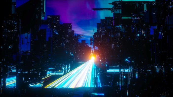 Sci-fi city at night with neon lights and light trails