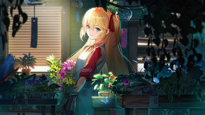 Anime Girl with Blonde Twintails and Flowers 4K