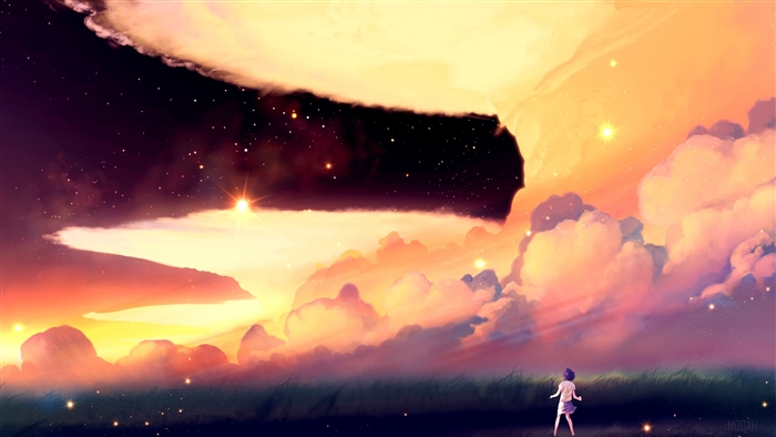 Girl in a field under a dramatic sunset sky