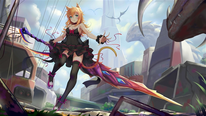 Anime Cat Girl with Sword in City