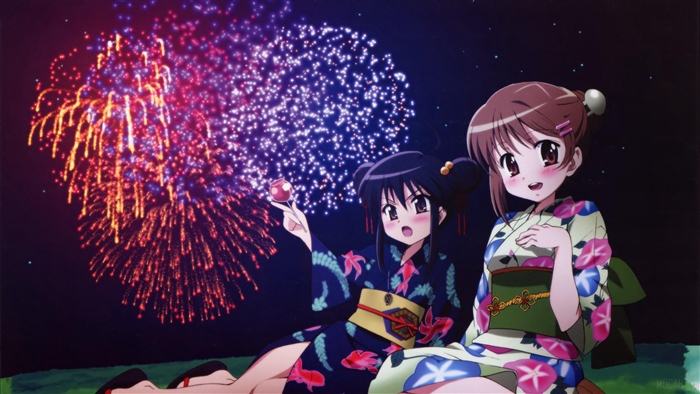 Shakugan no Shana girls watching fireworks in kimonos 4K