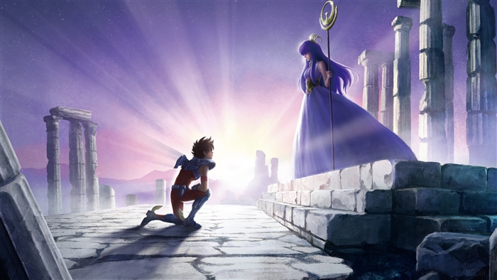 Seiya from Saint Seiya kneeling before Athena