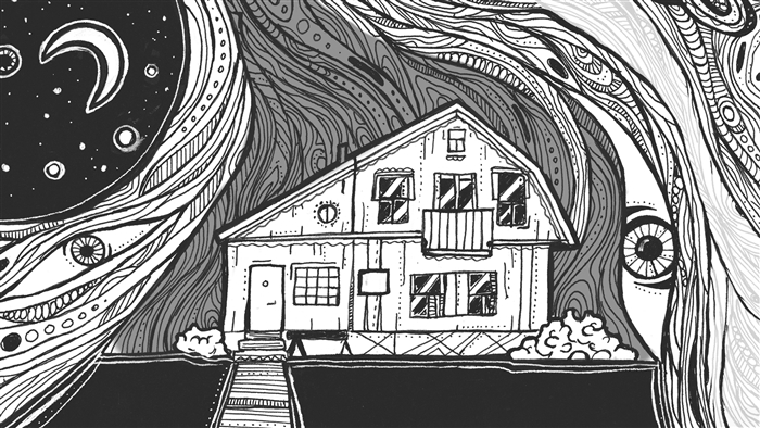 House with doodle patterns and moon