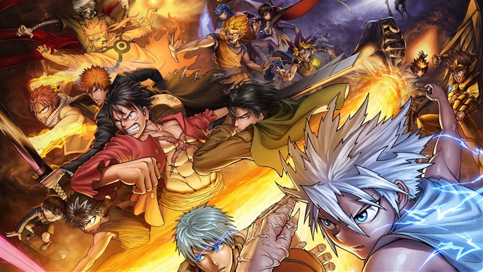 Atemu from Yu-Gi-Oh!, Ichigo from Bleach, Naruto, Goku from Dragon Ball, Luffy from One Piece, Natsu from Fairy Tail, and other anime characters in a crossover.