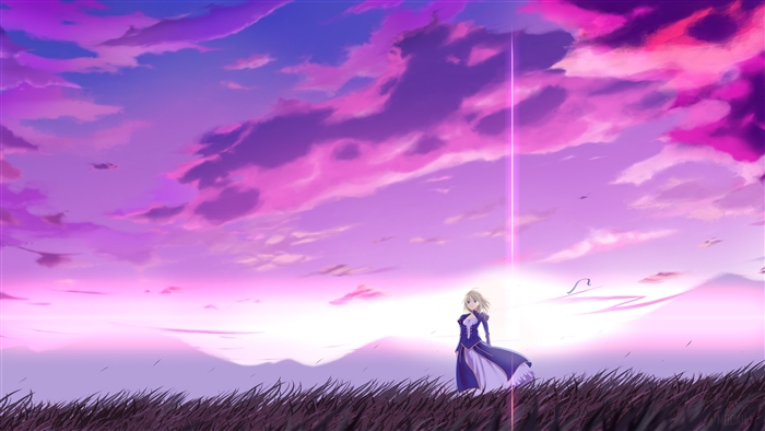 Saber from Fate/Stay Night in a field at sunset 4K