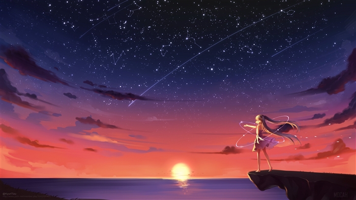 Anime Girl on Cliff Under Starry Sunset Sky 4K