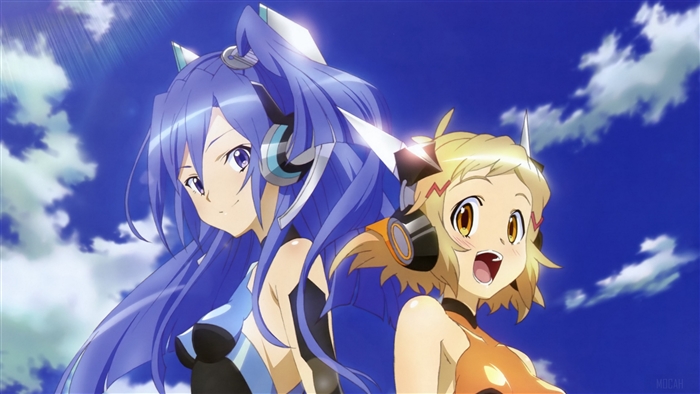 Two girls with headphones under the sky