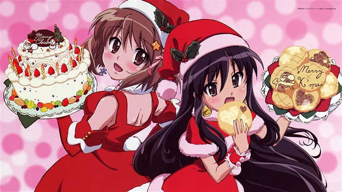 Two girls in Christmas costumes with cake and cookies 4K