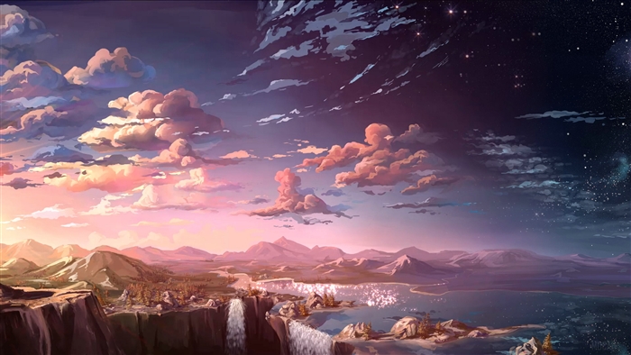 Anime Landscape Waterfall Clouds 4K