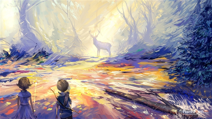 Children and deer in a forest painting 4K