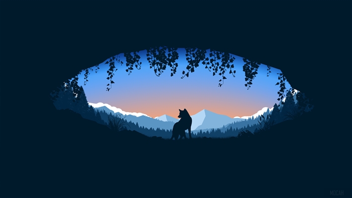 Wolf in a cave looking at mountains at sunset 4K