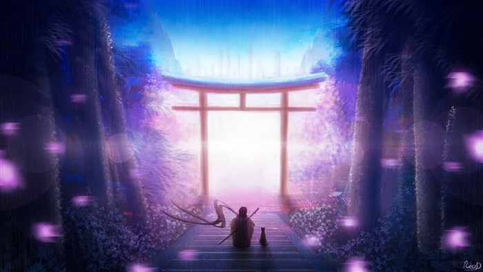 Warrior and cat at Torii gate 4K