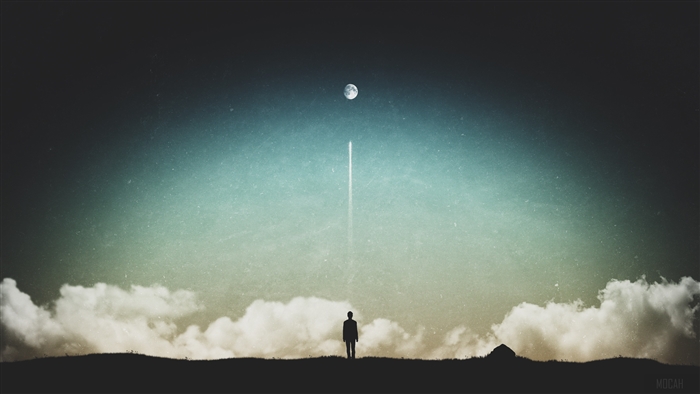 Silhouette of a person looking at the moon with a rocket trail